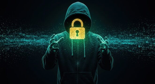 An anonymous figure presents a golden lock, symbolizing encryption.