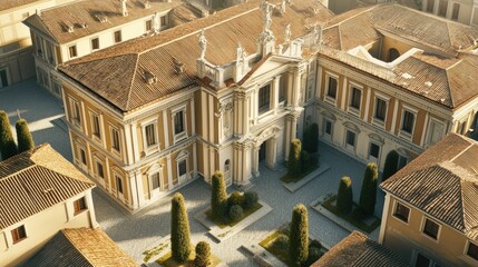 Fototapeta premium Aerial View of a Grand Italian Palace: Architectural Marvel in the Golden Hour