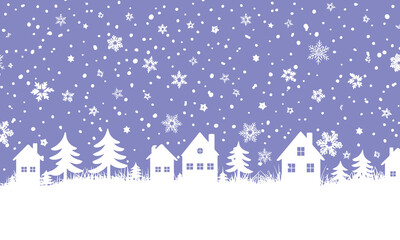 Winter Background with Christmas Village — Seamless Border Featuring White Houses, Fir Trees on Light Blue Background in Fairy Tale Style Vector Illustration