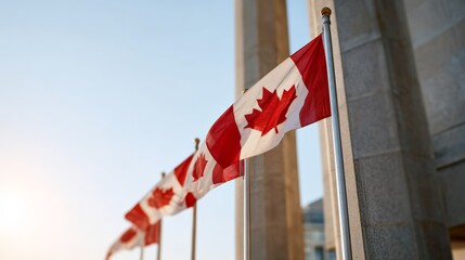 Multiple canadian flags are waving proudly in the wind, mounted on poles in front of a government building, symbolizing national identity and patriotism