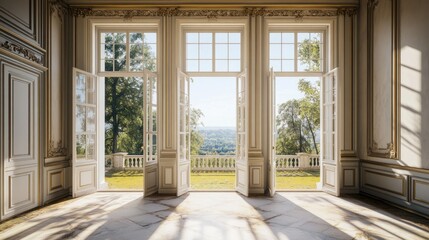 Grand French Chateau Interior with Open Doors Revealing a Serene Landscape