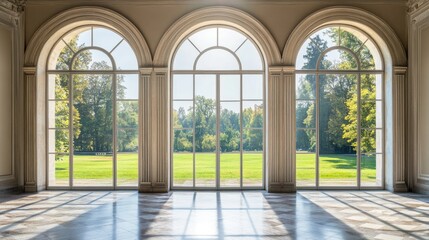 Naklejka premium Serene Garden View Through Arch Windows