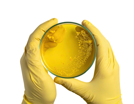 Gloved hands holding a petri dish filled with yellow agar and bacterial colonies