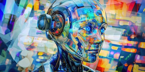 A colorful, pixelated robot with blue eyes and a pixelated background