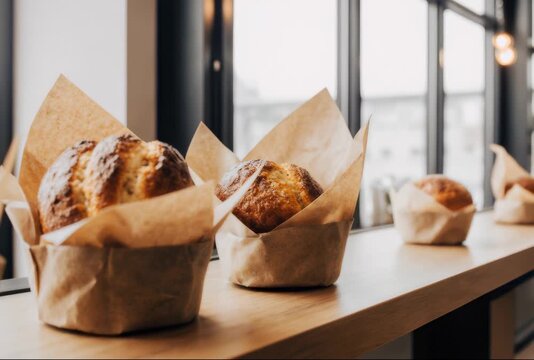 Close-up cinematic video of golden brown bread rolls in rustic paper packaging displayed on a wooden counter in a modern bakery. The camera slowly pans along the row of fresh loaves
