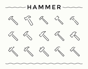 Hammer icon collection. Car icon set. Perfect for logos and infographic. Includes thin line symbols court, icon, law, silhouette, industry and more. Editable stroke. Pixel Perfect.