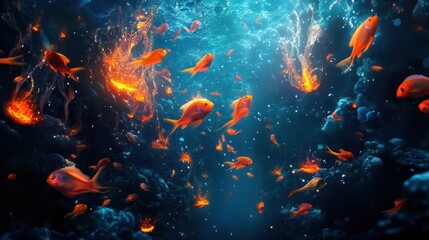 Vibrant underwater world featuring playful orange fish amidst ethereal glow