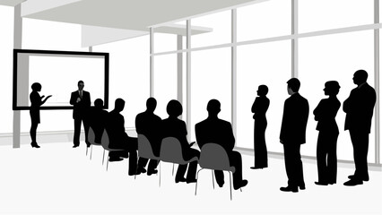 Silhouette of people in a presentation room with a screen and large windows showing a business meeting