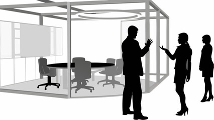 Fototapeta premium Silhouetted business people discussing in front of a modern conference room with a round table setup