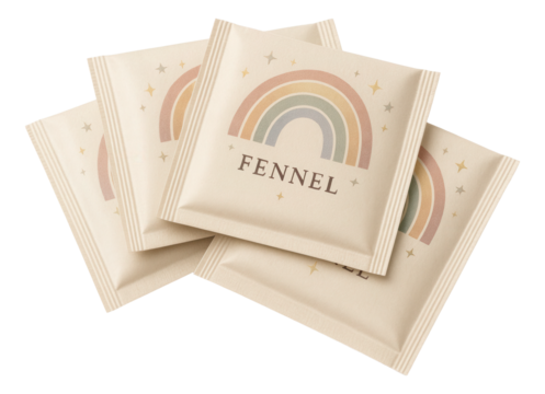 Set of individually wrapped fennel tea bags with a rainbow and stars motif on the packaging
