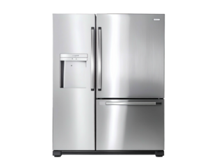 Shiny, stainless steel refrigerator with French doors and water dispenser