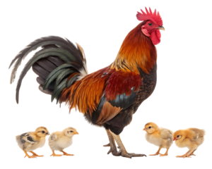 Proud Rooster with its Adorable Chicks in a Rural Farmyard Setting Against a Dark Background Full Length