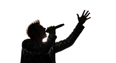 Silhouette of a singer performing into a microphone isolated PNG with Transparent Background