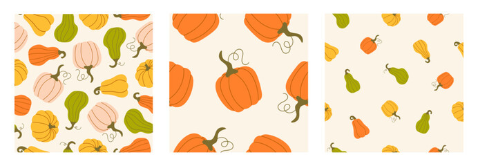 Set Seamless patterns with hand drawn pumpkins on a beige background. Autumn texture for thanksgiving, harvest and halloween. Season palette. Vector Illustration