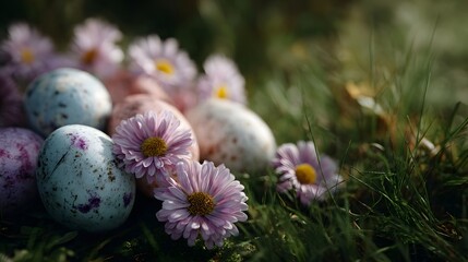 A close up view of speckled pastel Easter eggs nestled amongst delicate spring flowers and lush green grass