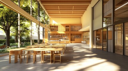 Modern Library Design: Sunlight-bathed interior with wooden tables and chairs, large windows overlooking a serene garden.
