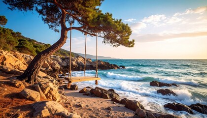 A serene coastal scene showcasing a wooden swing hanging from a large pine tree over a sandy beach, with crashing waves and a vibrant azure sea.