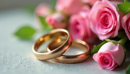 Close-up of intertwined wedding bands adorned with pink roses and greenery , high resolution, delicate