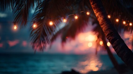 String lights illuminate a tropical beach scene at sunset with palm trees