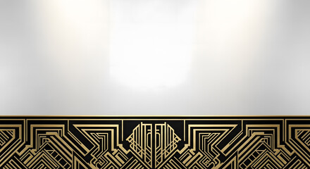 Luxurious Art Deco geometric pattern in gold and black, creating an elegant border on an illuminated white background for vintage-style presentations