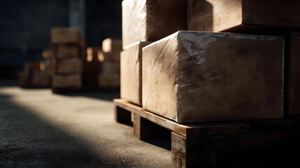 Cardboard boxes stacked on a wooden pallet in a warehouse bathed in natural light