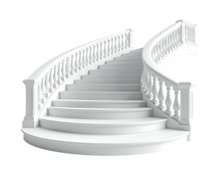 Elegant, white, curving staircase with ornate balustrade, isolated on black