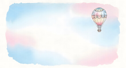 Fototapeta premium Pastel hot air balloon floating in a dreamy watercolor sky with soft pink and blue clouds, representing freedom and gentle transition