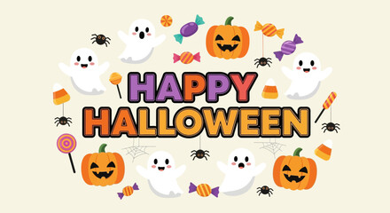 Fototapeta premium Cute Flat Happy Halloween Decorative Elements with Ghost and Pumpkin Illustration