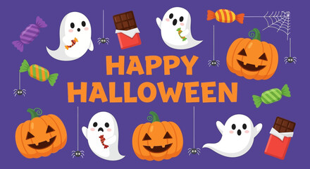 Fototapeta premium Cute Cartoon Happy Halloween Background with Ghost Pumpkin Candy Spider