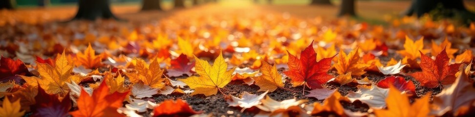 Fototapeta premium Crisp brown & orange maple leaves carpet ground Autumnal scene , leaf litter, october