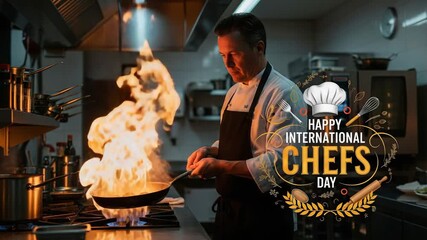 Chef cooking with fire in a professional kitchen celebrating International Chefs Day