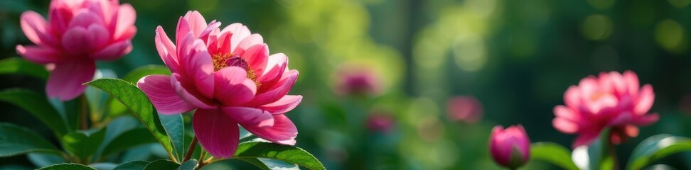 Fototapeta premium Deep pink peony blooms, lush Japanese garden backdrop, image, macro, green