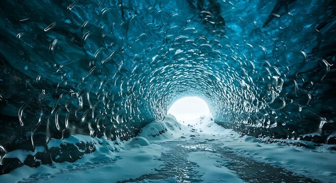 Spectacular blue ice cave interior with snow and dramatic lighting