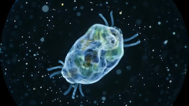 Microscopic protozoan with pseudopods in water, detailed cellular structure, biology and science concept