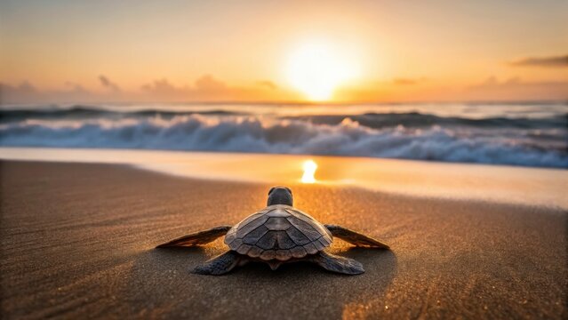 World Animal Welfare Day 2025 A sea turtle approaches the shore at sunrise, with waves gently lapping at the sandy beach.