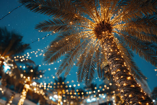 A coconut palm tree draped in a garland of lights against the night sky. Beach party. Christmas and New Year's.