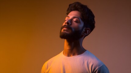 Obraz premium Stylish handsome man wearing a t-shirt poses confidently against a colorful background