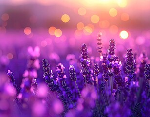 Purple lavender field blooms at sunset, with golden bokeh above, soft focus