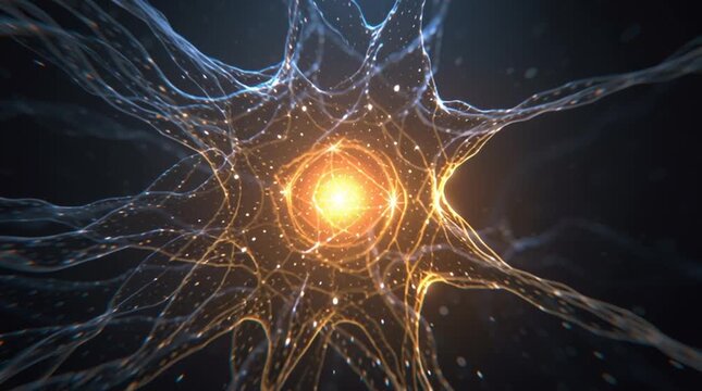 Conceptual animation of a dark, simple neural network evolving into a complex structure as a single warm, radiant point of light ignites at its center, symbolizing the birth of consciousness and aware