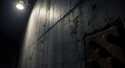 A single harsh light from above illuminates a dark, textured concrete wall, creating a mysterious and ominous atmosphere of a basement or prison cell