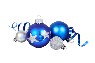 blue christmas ball decoration or ornament with blue balls and stars decoration with blue ribbon band isolated on white or transparent png