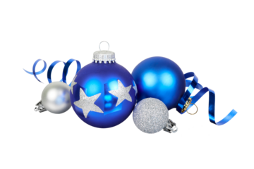 blue christmas ball decoration or ornament with blue balls and stars decoration with blue ribbon band isolated on white or transparent png
