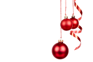 red hanging christmas balls decoration with gift ribbon band isolated on white or transparent png