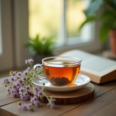  A close-up of a cup of herbal tea placed on a wooden table, surrounded by wildflowers and a book, soft bokeh effect in the background creating a cozy and mindful vibe.