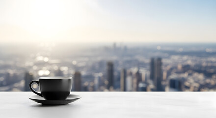 A black coffee cup on a windowsill with a beautiful, blurred background of a modern cityscape during a hazy sunrise