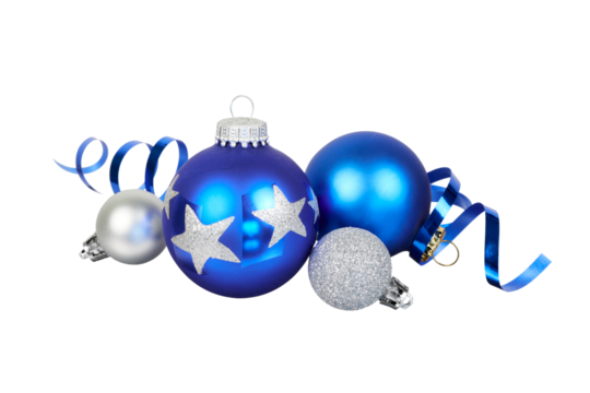 blue christmas ball decoration or ornament with blue balls and stars decoration with blue ribbon band isolated on white or transparent png