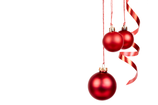 red hanging christmas balls decoration with gift ribbon band isolated on white or transparent png - Powered by Adobe