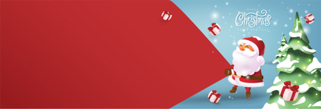 Merry Christmas illustration with Santa Claus pulling a big gift bag in snowy background with decorated trees calligraphic lettering and empty space perfect for banner template and festive promotion