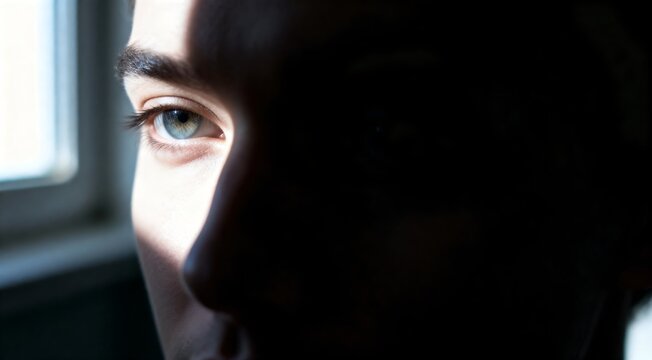 Intense close-up of a contemplative person's face half-hidden in shadow, with a single striking blue eye illuminated by natural light from a window