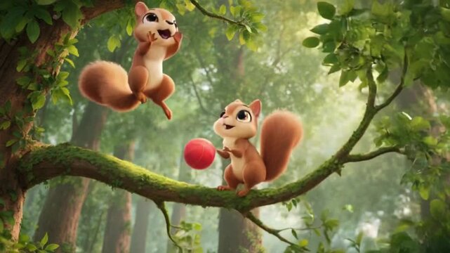 Cartoon-style squirrels jumping from branch to branch while passing a ball to each other. Lighthearted animation, perfect for kids